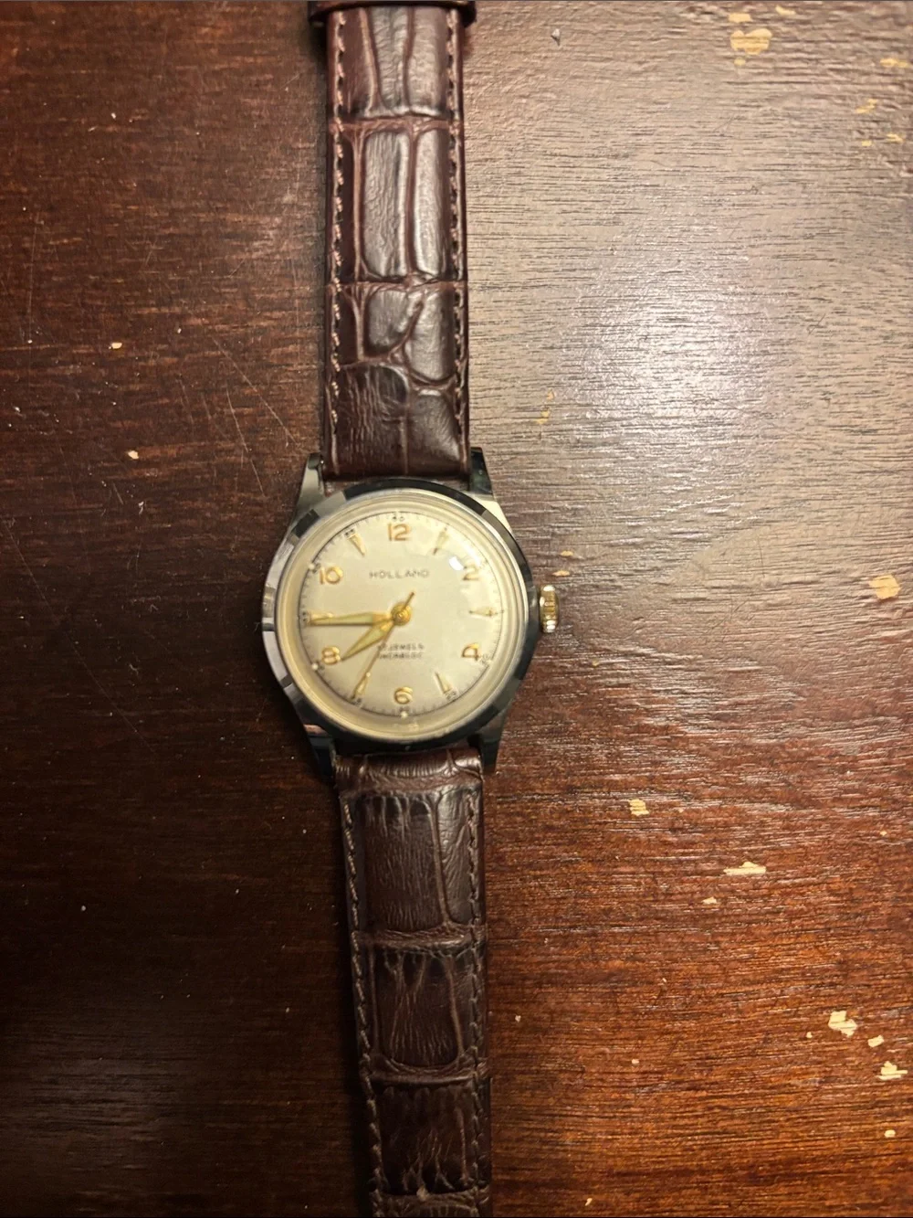 Vintage Holland Watch Men's Brown Leather Strap Watch with Gold-Tone Dial